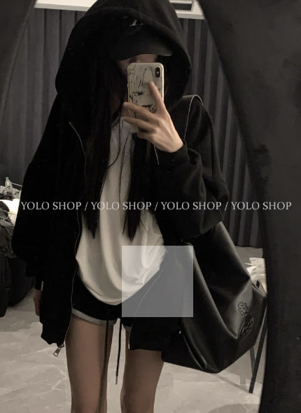 	 YOLO SHOP店主挚爱 慵懒风宽松连帽卫衣开衫外套女春夏重磅上衣