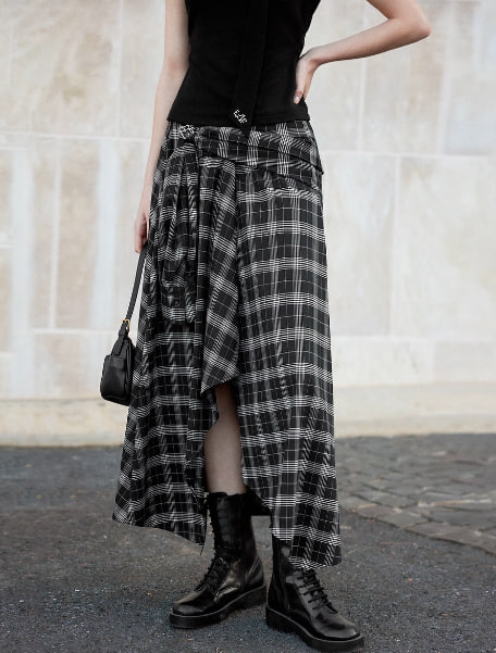 【维希格学院】ELLE不规则黑白格纹半身裙女2025秋季新款时尚裙子